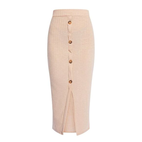 NWT high waist ribbed button detail front slit stretchy form fitting maxi skirt - Picture 6 of 7